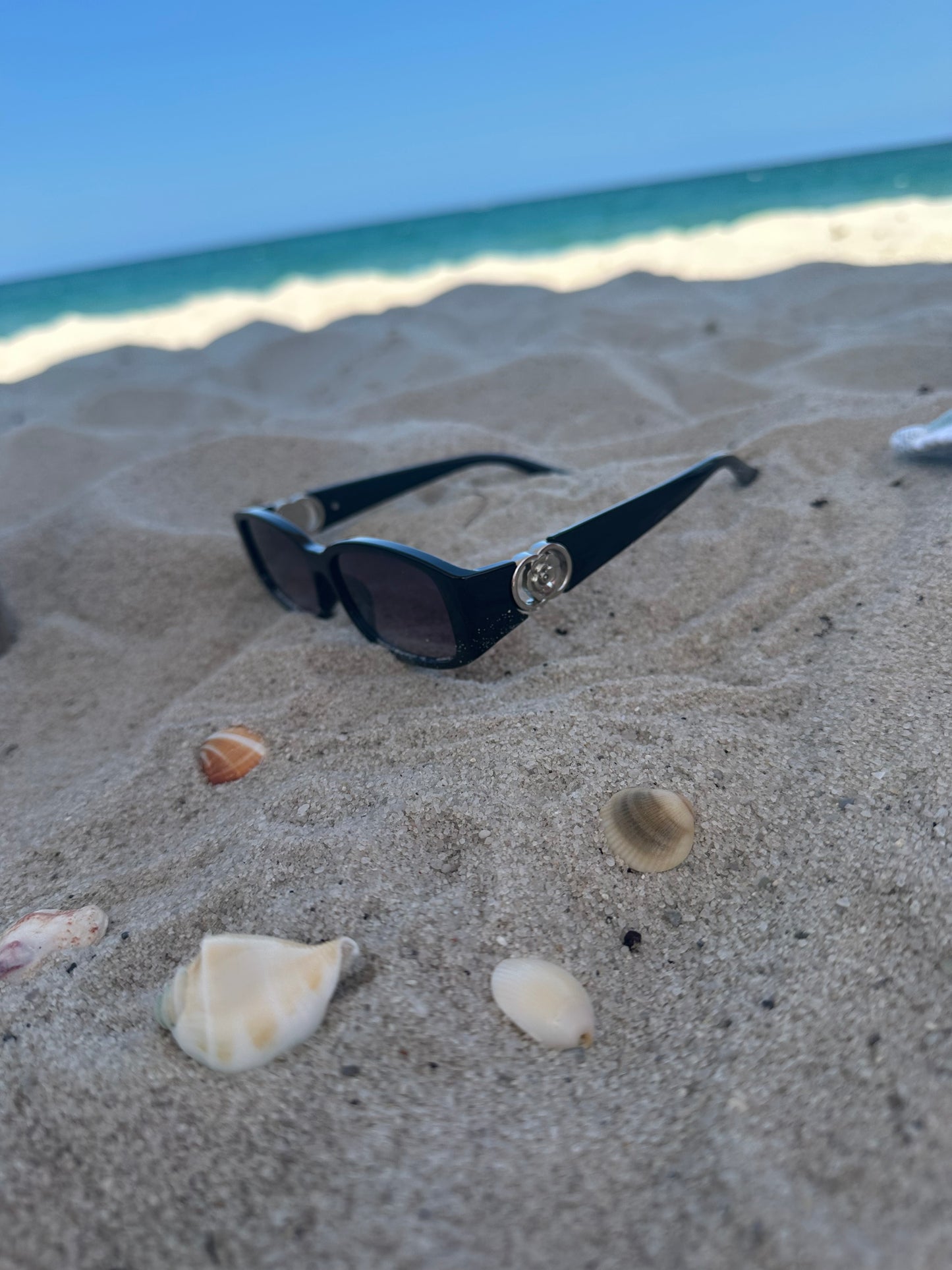 Two Ring Silver Flower Hinge Black Sunglasses